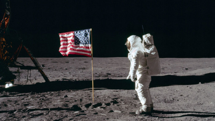 NASA Apollo 11 Buzz Aldrin salutes American flag on moon