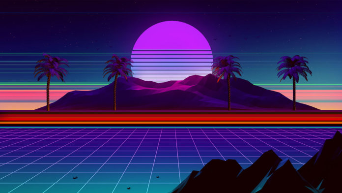 retro synthwave computer landscape palm trees
