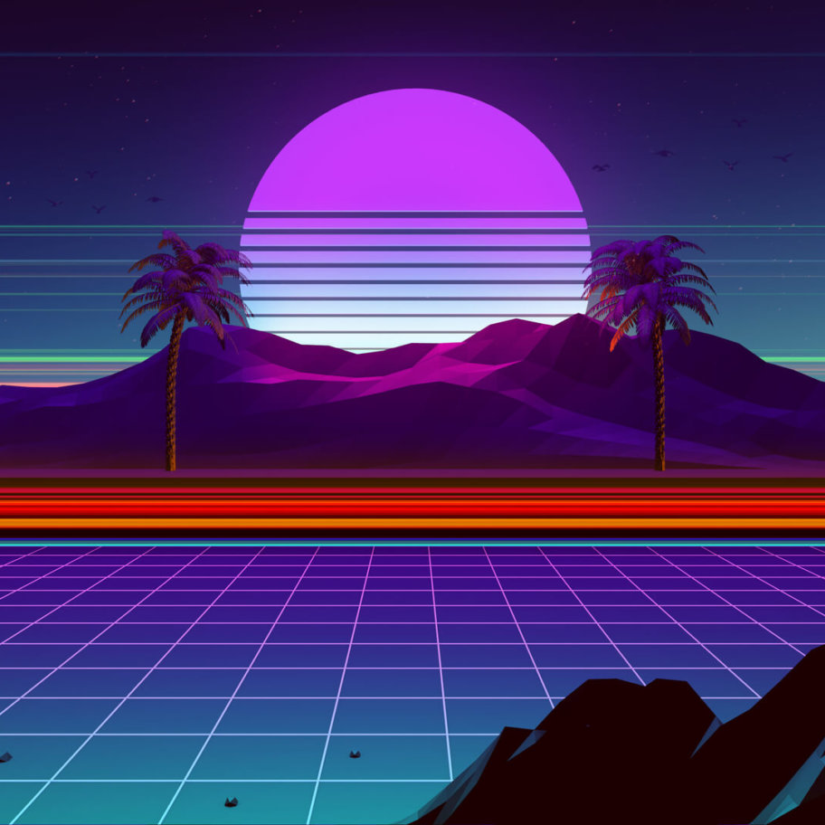 retro-synthwave-computer-landscape-palm-trees-shutterstock-1022092345