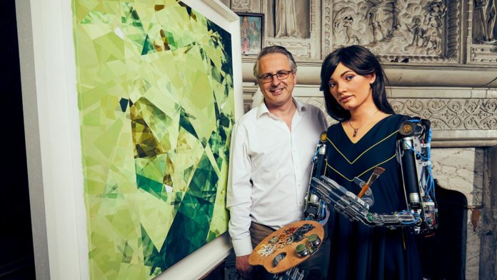 Ai-Da Robot and Aidan Meller with Cartesian painting artificial intelligence art