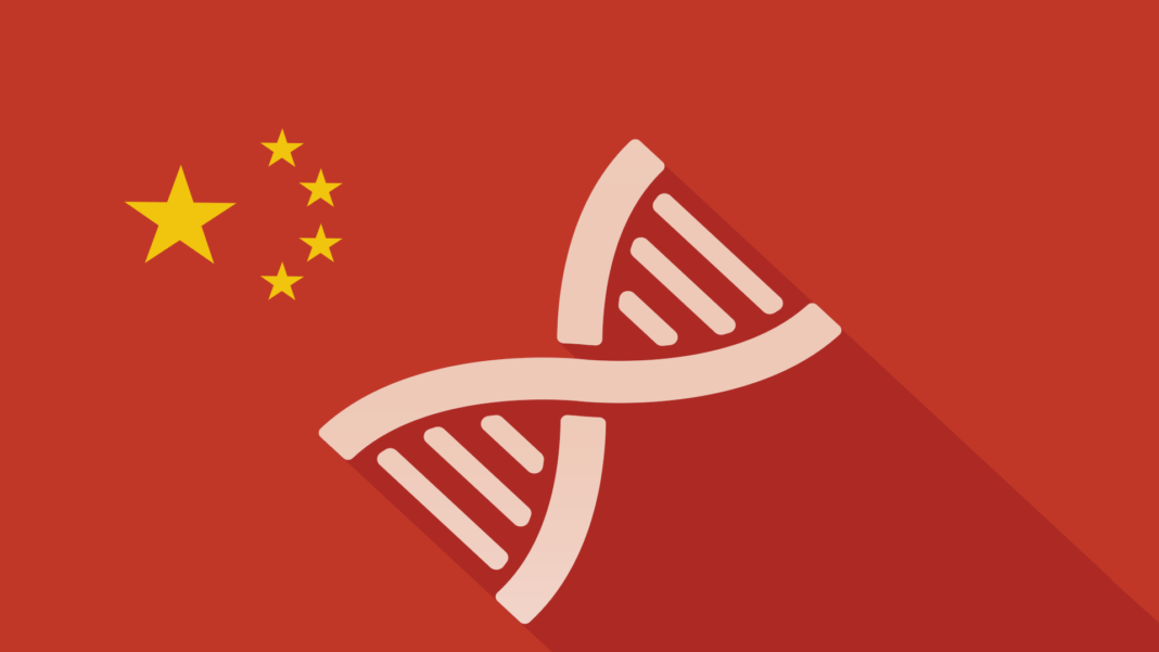 DNA with long shadow on Chinese flag illustration CRISPR