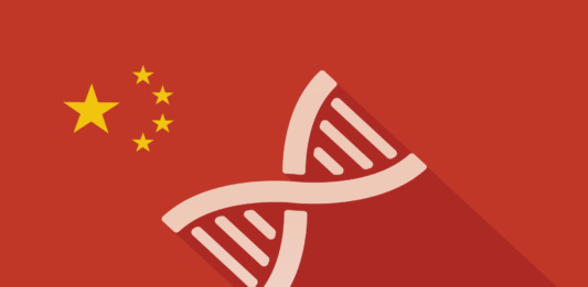 DNA with long shadow on Chinese flag illustration CRISPR
