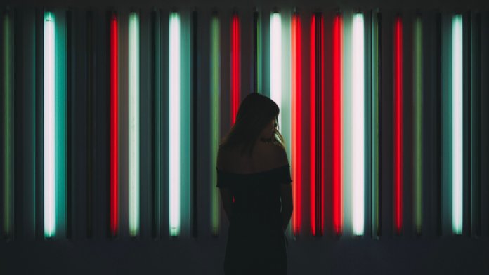 tech stories red white green neon woman sillhouette