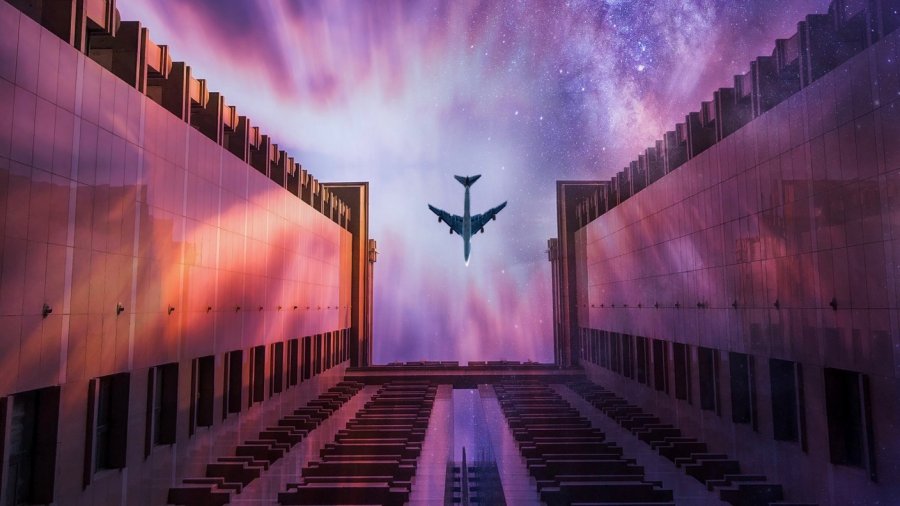 tech stories building purple sky airplane