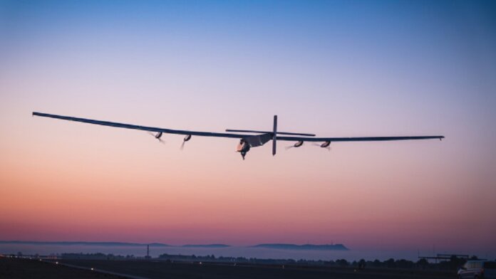 Skydweller solar aicraft plane flying into sunset