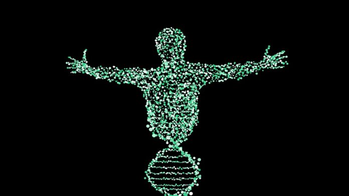 black background person with DNA biotechnology medicine