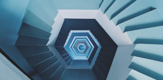tech stories blue spiral staircase