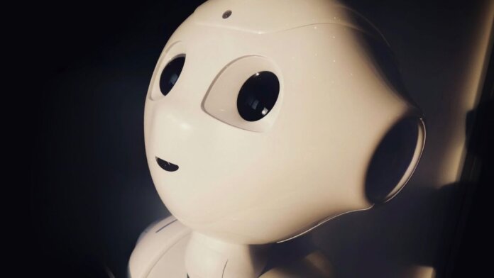 robot face white on dark background automation robotics
