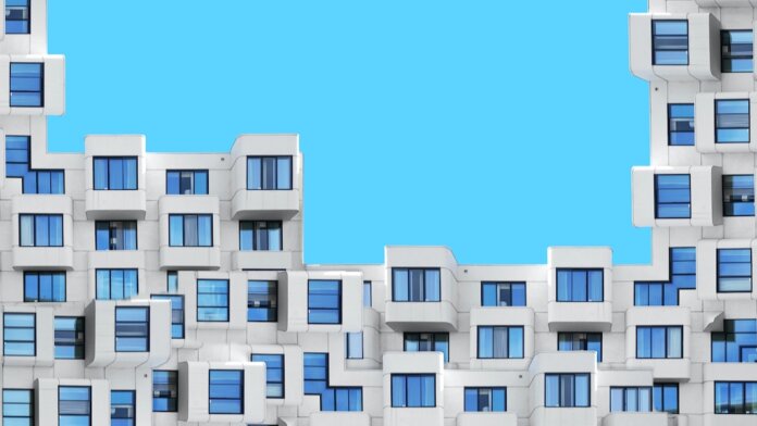 tech stories blocks stacked architecture building blue sky