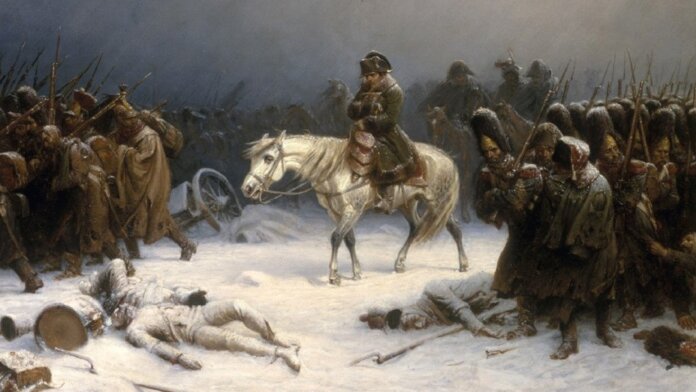 Napoleon retreat from Moscow painting snow horses people