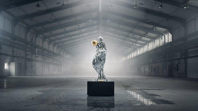 the impossible statue AI art design stainless steel museum