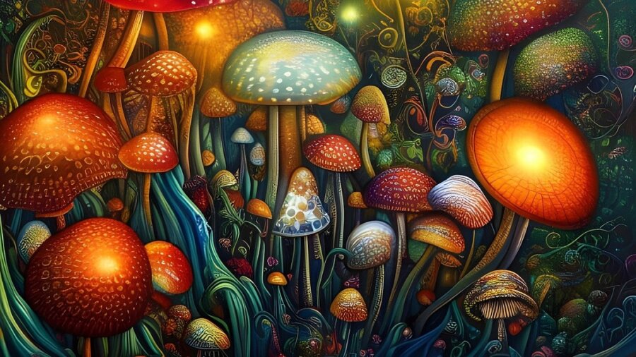 colored mushrooms cartoon hallucinogens
